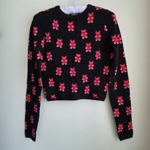 Twik EUC Simons Black Cropped Sweater  Fun Cute Red Bear Pattern XS